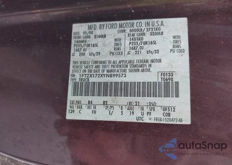 2000 Ford F-150 Work Series/Xl/Xlt из США, поврежденный, VIN 1FTZX172XYNB99573